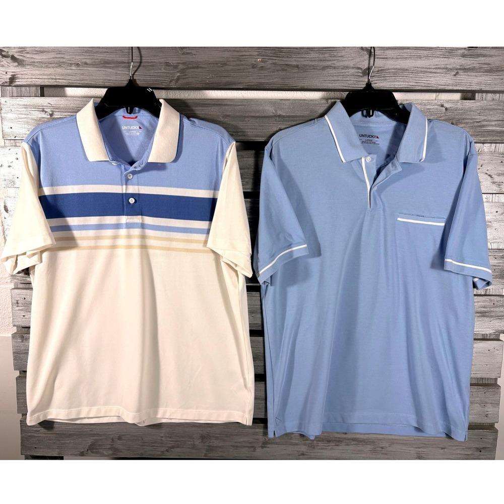 UNTUCKit Mens Polo Shirt Large Bailey Striped & Caesar Blue Trimmed Lot of 2